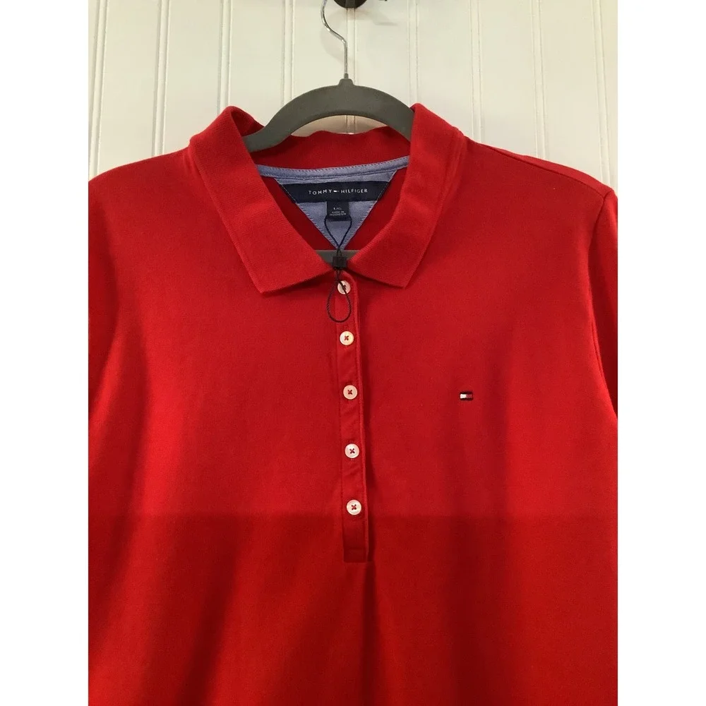 NEW Tommy Hilfiger Women's Red Long Sleeve Polo Shirt‎ Size L  Cotton Preppy